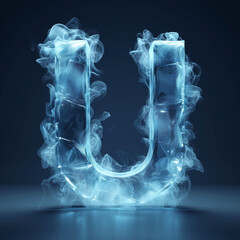 Abstract 3D render letter U made of block of ice on dark blue grey background. Logo Letter U from ice block with steam around. Design clipart element. Poster, Wallpaper. 3D illustration render.