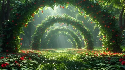 Wall Mural - Fantasy garden with trees and flowers, shadows, creepers and an arch. An exotic fairytale fantasy forest, green oasis.