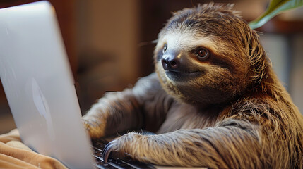 A cute sloth working slowly at the computer