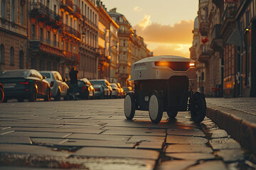 Wall Mural - Automated delivery robot go on city street on sunset