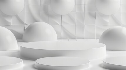 Poster - A minimalistic stage design featuring white geometric shapes and rounded forms in a modern, monochromatic setting.