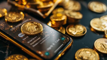 Poster - A modern cell phone placed in the center of a pile of shiny gold coins, symbolizing wealth and technology merging.
