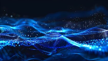 Poster - Abstract digital blue wave with glowing dots on a dark background, in the style of a hi-tech and big data concept

