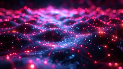 Wall Mural - A 3D render of a neural network, with glowing purple and teal interconnected nodes, hovering above a digital grid background.