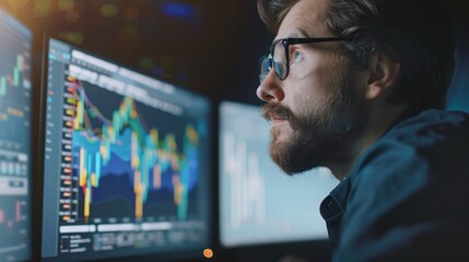 Poster - A man with glasses focusing on three computer screens in a modern office setting.
