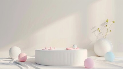 Poster - Pastel-colored balls and a white round display are set against a light backdrop with delicate flowers in a vase.
