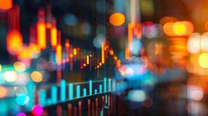 Poster - Detailed view of a stock market chart with colorful, glowing lights in the background creating a blurred effect.