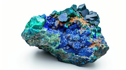 Close up of a specimen of natural stone from a geological collection unprocessed azurite and malachite minerals isolated on a white background