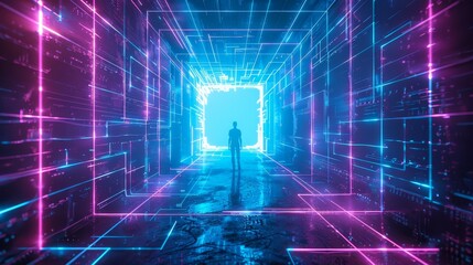 Poster - Futuristic, neon-lit corridor with a person standing at the far end, facing away from the camera