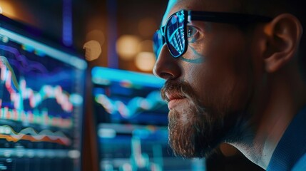 Poster - A man wearing glasses is focused on a computer screen, presumably working or browsing online.