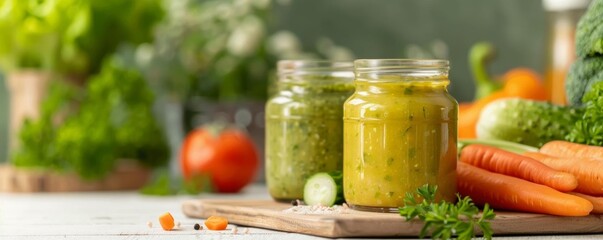 Two jars of healthy vegetable and fruit puree for baby on wooden table. Fresh organic vegetables and fruits on the background. Healthy eating for children. Baby food.