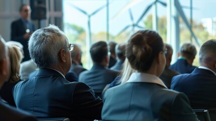 Poster - A diverse group of individuals are seated in chairs inside a room, engaged in a discussion or meeting.