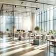 © Rocher Creative - Beautiful blurred background of a modern office interior with panoramic windows, plants and beautiful lighting.