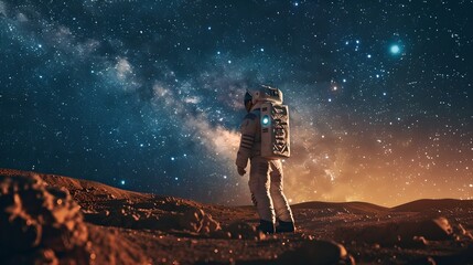 Astronaut standing on rocky terrain under night starry sky with Milky Way. Space manned mission on red planet. Futuristic exploration and planet colonization concept, adventure. Science fiction