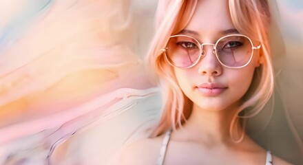 Sticker - Vibrant portrait of young Asian girl with pink hair and sunglasses against colorful wall. Concept Portrait Photography, Vibrant Colors, Youthful Energy, Urban Backgrounds, Stylish Props