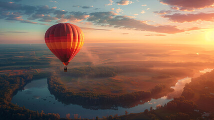 Hot air balloon flying over river at sunset. Generative by AI