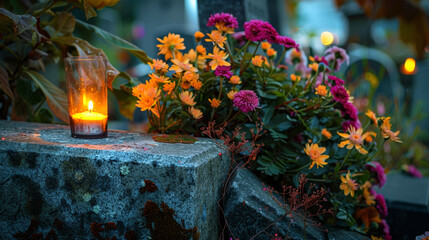 Wall Mural - View of gravestone with flowers and candle.