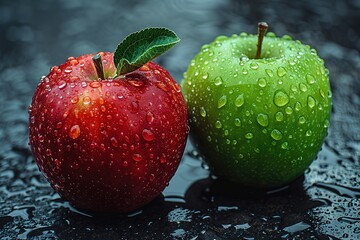 Wall Mural - A red apple and a green apple sitting next to each other on the ground.