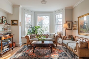 Wall Mural - Experience the cozy charm of a classic American living room complete with a coffered ceiling, a traditional mantel adorned with family photos, and a comfortable leather recliner