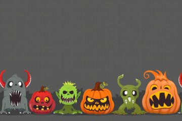 Sticker - Heads of different Halloween monsters on gray background. Postcard, illustration for the autumn holiday Halloween. Scary funny heroes monsters