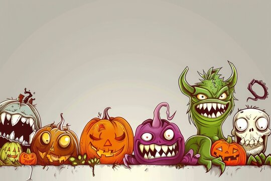 Heads of different Halloween monsters on gray background. Postcard, illustration for the autumn holiday Halloween. Scary funny heroes monsters