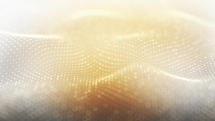 Mesmerizing golden waves with network of connected dots in white & orange hues transforming into abstract digital landscape, perfect for tech themes.