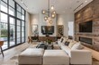 © Silvana - Step into the contemporary elegance of a modern American living room showcasing clean lines, a minimalist fireplace, sleek furniture, statement lighting fixtures, abstract artwork