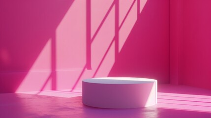 Poster - A room painted entirely pink with a white circular pedestal in the center, illuminated by sunlight casting shadows through window panes.