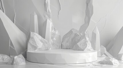 Fototapete - A futuristic setting with large, geometric crystal formations surrounding a circular platform, all in a monochrome light.