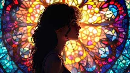 Wall Mural - A woman is standing in front of a stained glass window