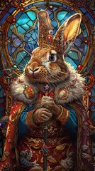 Wall Mural - A rabbit is holding a crown and a golden staff. The rabbit is wearing a red cape and is standing in front of a stained glass window
