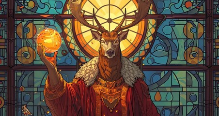 a deer is holding a golden clock in its antlers. the deer is wearing a red robe and crown