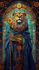 A lion is holding a sword and standing in front of a stained glass window