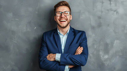 Canvas Print - Happy young man in glasses and a navy suit laughs joyfully with arms folded