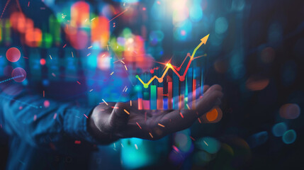 Poster - Hand presenting a dynamic hologram of ascending stock market charts, representing sophisticated investment analysis