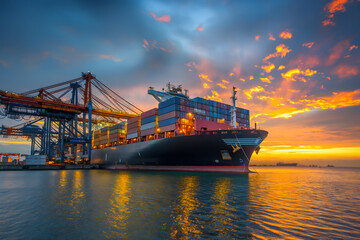 Majestic Sunset at a Busy Cargo Port with Stacked Containers