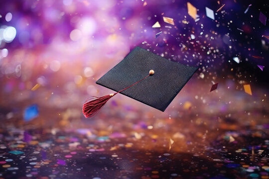 Graduation cap flying with confetti background, graduation day concept