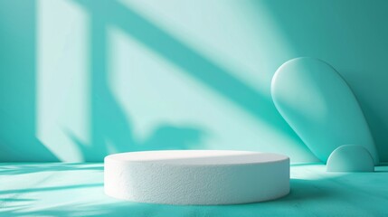 Poster - A simple, bright room features a white round podium and abstract shapes against turquoise walls, illuminated by natural daylight.