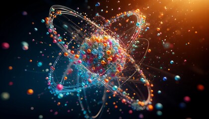 Abstract visualization of an atom with glowing particles and orbiting elements on a dark background, representing atomic structure and physics.