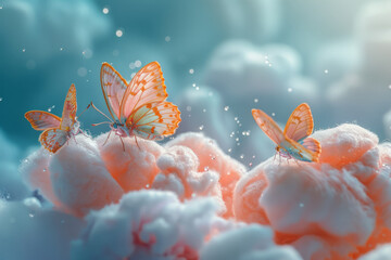 Aufkleber - A macro view of cotton candy with tiny edible butterflies resting on it,
