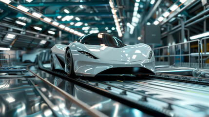 Aufkleber - Sleek, modern electric vehicle in a high-tech automated assembly plant