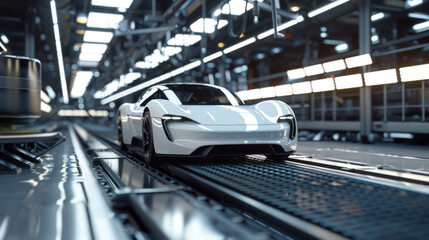 Aufkleber - Cutting-edge electric vehicle being assembled in a high-tech factory with an industrial atmosphere