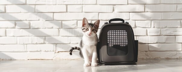 A small kitten and modern pet carrier against a wall, showcasing a potential pet travel scenario