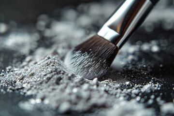 Poster - Macro shot of a makeup brush picking up loose powder from a container, showing the fine texture,