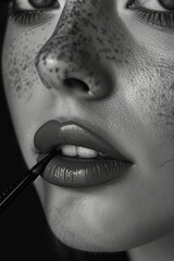 Poster - Detailed shot of a lip liner being applied to the edge of the lips, with sharp, clean lines,