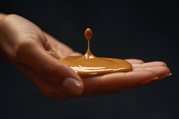 Poster - Macro image of a liquid foundation drop on the back of a hand, highlighting the consistency and color,
