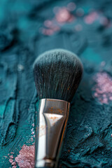 Poster - Detailed view of a makeup brush applying blush to the cheek, with the bristles and powder clearly visible,