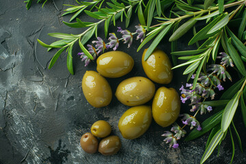 Aufkleber - An olive branch arranged with other Mediterranean elements like lavender and rosemary, creating a rustic aesthetic,
