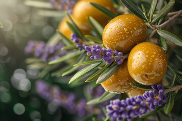 Aufkleber - An olive branch arranged with other Mediterranean elements like lavender and rosemary, creating a rustic aesthetic,
