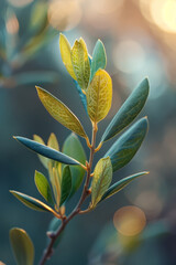 Aufkleber - A close-up of the tip of an olive branch, showing new growth and fresh leaves,